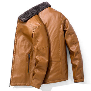 <b>Men's</b> Burgundy PU Leather <b>Jacket</b> Turn-down Collar Faux Fur Lining Windproof Moto <b>Biker</b> Style Winter Wear - Product Image 3