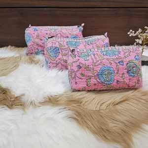Juego de 3 Bolsas de Maquillaje de Algodón Estampado a Mano, Ecológicas, Color Rosa, Acolchadas, Estilo Indio, con Cierre, para Viaje - Product Image 2
