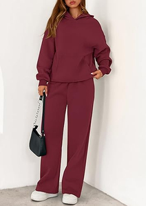 Ensemble de survêtement d'hiver décontracté pour femme, couleur unie, 2 pièces, écologique, 65% coton molletonné, coupe régulière, pantalon large, à capuche - Product Image 5