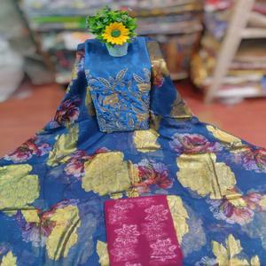 Robe de Mariage Formelle en Tissu Jacquard Slub Perlé Fransawi Dirac Chiffon avec Motif Floral Pailleté Doré sur Base Bleu Turquoise - Product Image 1