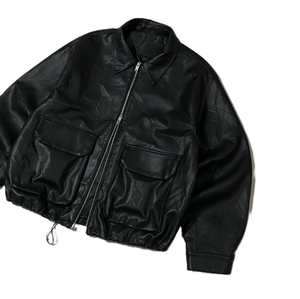 <b>Men's</b> Black Wrinkled Leather <b>Jacket</b> Point Collar Double Flap Pockets Drawstring Hem Oversized Streetwear Zip up Coat - Product Image 4