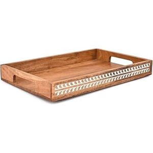 Bandeja de Servir Hecha a Mano de Madera de Mango con Incrustaciones Blancas, Bandejas Rectangulares Decorativas de Madera para Decoración de Mesa de Café - Product Image 3