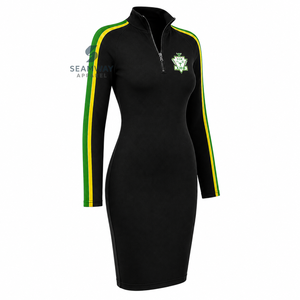 Robe moulante pour femme Chi Eta Phi, à manches contrastées rayées, col montant zippé, longueur genou, brodée, coupe ajustée décontractée - Product Image 2
