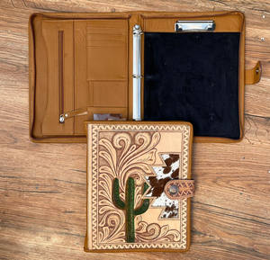 High Quality Hand Tooled Leather Ring Binder for <b>A4</b> Padfolio Business Document <b>Planner</b> Cowhide Zipper Portfolio Folder Organizer - Product Image 4