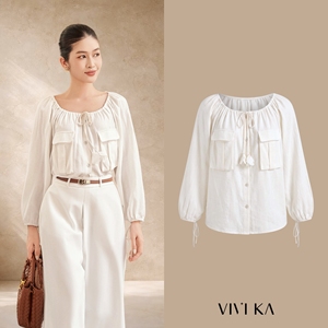 เสื้อผู้หญิง คอผ้ายืดหยุ่น ผ้าลินิน แขนยาว มีกระเป๋าหน้าผ้าแบบมีฝาปิด ผูกโบว์ ผูกเชือก สีงาช้าง เสื้อลำลอง SUSIE - Product Image 1