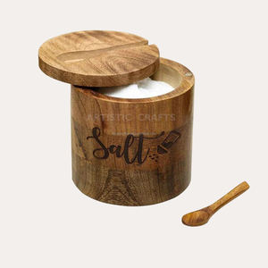 Organic Acacia Wood Round Salt Cellar Container with Spoon Herb & Spice Tools for Home Use Salt Pepper Bowl Spice Box - Product Image 5