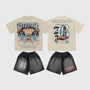 OEM Custom DTG Print <b>Men</b> Streetwear Tracksuits Vintage Sun Faded Acid Washed <b>Short</b> Sleeve <b>T</b> <b>Shirt</b> <b>and</b> Sweat <b>Shorts</b> Two Piece <b>Set</b> - Product Image 1