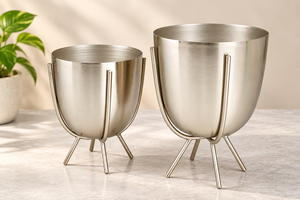 Pots de fleurs modernes en métal argenté avec supports en fer trépieds, élégants pots ronds pour plantes d'intérieur, d'extérieur, de jardin et de balcon - Product Image 5