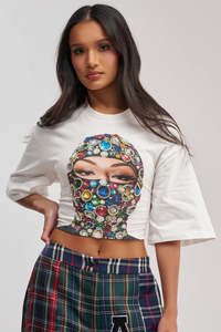 <b>White</b> <b>Cropped</b> T-Shirt With Colorful Gem Face Print Three Quarter <b>Sleeve</b> Casual <b>Top</b> For Women Summer Wear - Product Image 4