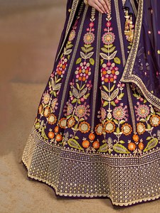 Purple Floral Embroidered Chiffon Pure Silk Short Sleeve Short <b>Top</b> Women's <b>Lehenga</b> Choli Set Detachable Train A-Line Quick Dry - Product Image 5