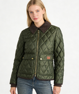 Women's Green <b>Quilted</b> <b>Jacket</b> With Turn-down Collar And Zipper Closure Autumn Wear - Product Image 1