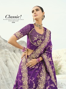 Nouvelle collection de saris de créateur en soie riche brodée, avec fils, perles, motifs découpés et bordure coquille. - Product Image 1
