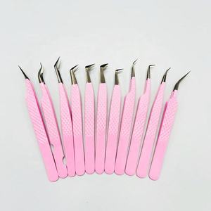 Ensemble de pinces à extensions de cils en acier inoxydable, revêtement poudré rose, pointe plasma noire et 11 pointes différentes avec pointe en fibre. - Product Image 1