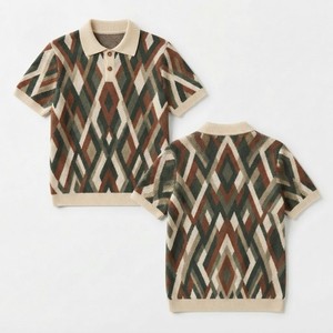 Pull tricoté géométrique pour femme, manches courtes, col rond, boutonné, décontracté, 100 % polyester, anti-plis, qualité supérieure, pour l'automne - Product Image 6