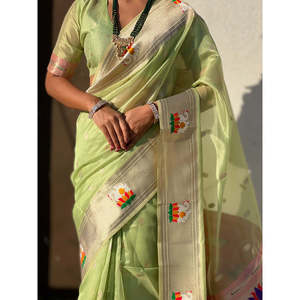 Sari élégant en soie Paithani tissée Zari, vert Pista, en organza, par Elite Weaves, idéal pour les soirées - Product Image 6