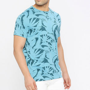 T-shirt à manches courtes pour homme, bleu clair, imprimé tropical, col rond, coupe classique, jersey tricoté décontracté - Product Image 4