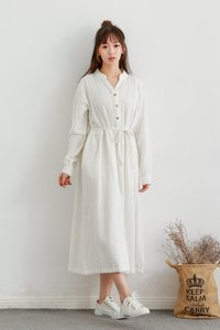 Vestido camisero de lino y algodón para mujer, vestido midi de manga larga con botones en la parte delantera, vestido informal de verano con cordón en la cintura, vestido elegante holgado - Product Image 3