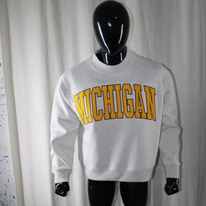 MICHIGAN ASH GREY <b>Mock</b> <b>Neck</b> Sweatshirt 100% Cotton YELLOW Applique Embroidery wide <b>neck</b> Sweatshirt Finer Threads - Product Image 1
