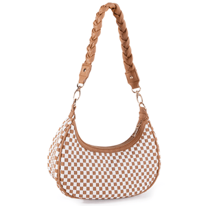 Sac fourre-tout en cuir vegan marron pour femme, sac à main hobo tissé, sac à bandoulière tendance - Product Image 1