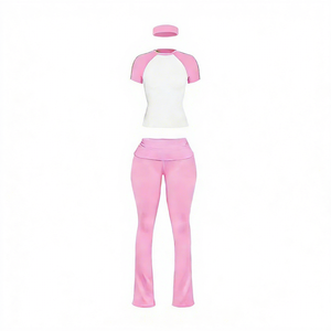 2026Women's Stylish Raglan Flared Pants Active <b>Set</b> Breathable QuickDry 2-Piece Outfit with Headband for Gym & Daily Wear - Product Image 1
