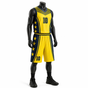 Ensemble de maillots de basket-ball respirants sublimés personnalisés, unisexe, short jaune bleu marine, col en V, uniforme sportif, motif étoiles, numéro 10 - Product Image 2