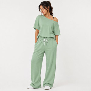 Ensemble décontracté pour femmes, haut à épaules dénudées à manches courtes, <span class=keywords><strong>pantalon</strong></span> à jambes larges avec cordon de serrage, tenue assortie en 2 pièces - Product Image 4