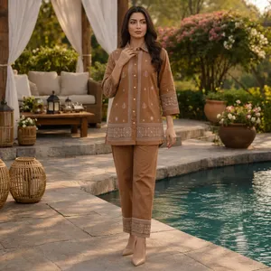 Women's Brown Embroidered Cotton Set <b>Three</b> <b>Quarter</b> Sleeve Full Length <b>Pants</b> Casual Bohemian Style All Seasons Wear - Product Image 2
