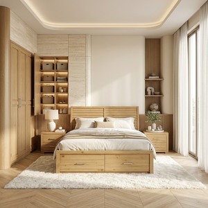 Cama Moderna de Plataforma de Madera Maciza con Cajones de Almacenamiento y Mesitas de Noche a Juego, Personalizable - Product Image 1
