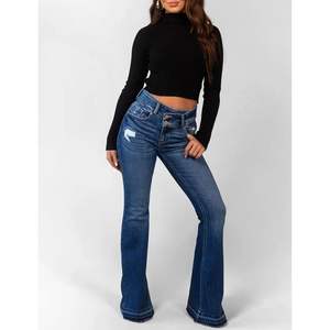 2025 pantalones vaqueros acampanados elásticos de cintura alta para mujer pantalones vaqueros rasgados ajustados con parte inferior de campana bolsillos estilo delgado diseño transpirable - Product Image 1