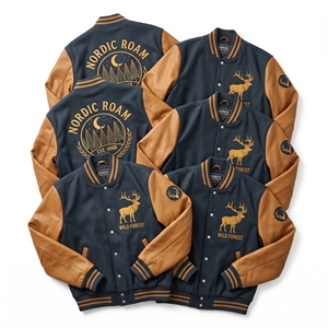Blouson universitaire personnalisé bleu marine en laine avec manches en cuir marron, broderie double corbeau et lettres en relief, style Letterman - Product Image 3