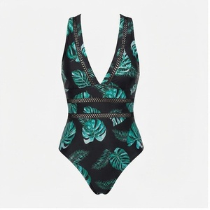 Traje de baño de una pieza para mujer con cuello en V profundo, estampado de hojas tropicales, detalle de malla, traje de baño elástico - Product Image 2