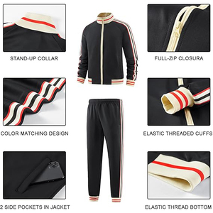 Men's Black <b>Tracksuit</b> Full Zip Jacket Matching Pants Striped Side Pockets Elastic Waist Sporty Autumn Wear - Product Image 4