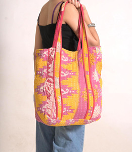 Vintage Cotton Kantha Boho Tote Bag Handstitched Reusable Shopping Bag Printed Design Jaif Textiles JF-024 Rajasthan Two Handles - Product Image 6