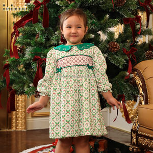Girls Children's 100% Cotton Eco-Friendly A-Line Corduroy Holiday Dress Scalloped Embroidered Collar ODM Wholesale Smocked Dress - Product Image 3