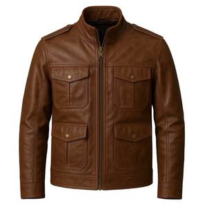 Veste en cuir véritable marron pour homme, col montant, fermeture éclair, style motard, avec 4 poches - Product Image 2