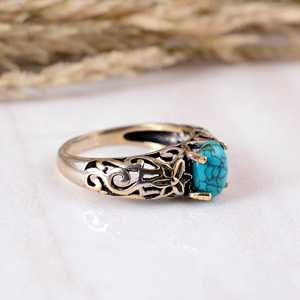 SHYAM JEWELRS Anillo de Plata 925 Hecho a Mano con Turquesa Floral y Gema Antigua, Unisex, Engaste Ovalado, para Boda o Aniversario - Product Image 2