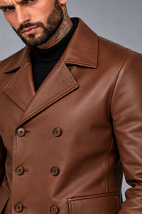<b>Men's</b> Luxury Chocolate Brown <b>Leather</b> <b>Blazer</b> Double Breasted Wide Notch Lapel Business Casual Suit Jacket OEM Wholesale Supplier - Product Image 5