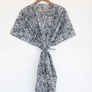 Handmade Grey Floral Cotton <b>Kaftan</b> Dress Adjustable Drawstring Nightwear - Product Image 1