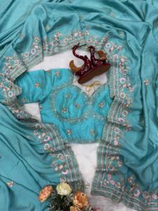 Sari Verde Agua Bordado para Mujer, Sari Indio de Diseño de Lujo con Lentejuelas, para Invierno y Verano, Sin Arrugas, Elegante para Bodas - Product Image 4