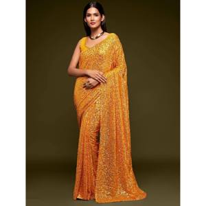 Robe de soirée, magnifique sari en georgette jaune miel orné de paillettes, idéal pour les fêtes - Product Image 1