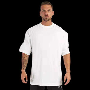 T-shirt en coton blanc surdimensionné pour homme, manches courtes, col rond, jersey tricoté, logo frontal, poids lourd, style streetwear - Product Image 1