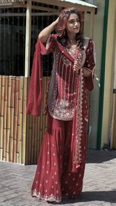 Ensemble Salwar Kameez en Georgette Brodé Étoiles Marron avec Dupatta – Tenue Traditionnelle Indienne et Pakistanaise pour Femme, Coupe Droite, Longueur au Sol, Idéal Mariage - Product Image 3