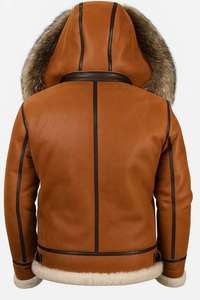 Custom Men’s B3 <b>Bomber</b> <b>Jacket</b> Brown <b>Shearling</b> Sheepskin Leather <b>Jacket</b> with Real Fox Fur Hood – Winter Warm Aviator Flight Coat - Product Image 3
