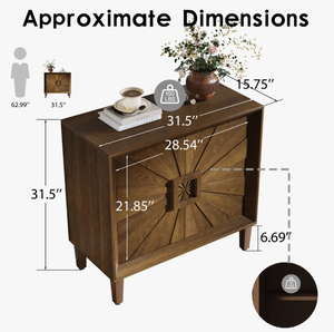 NOUVEAU Meuble d'appoint en noyer style Rétro Mid-Century Modern, avec porte sculptée géométrique effet rayon de soleil, servant de buffet de rangement, table de chevet ou console en bois nordique - Product Image 2