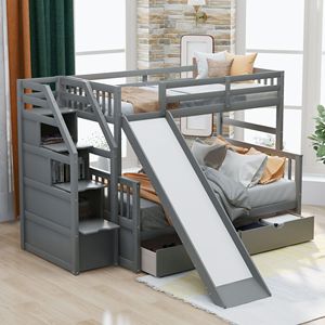Letto a Castello Multifunzione Grigio con Cassetti Portaoggetti e Scivolo per Bambini - Product Image 4