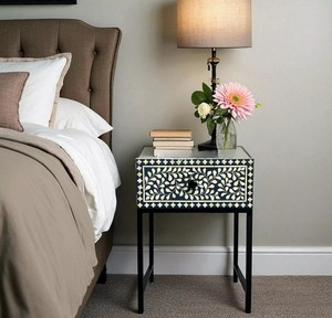 Floral Handmade Bone Inlay Nightstand With Drawer Metal Base <b>End</b> <b>Table</b> Decorative <b>Storage</b> Cabinet for Luxury Home Interiors - Product Image 1
