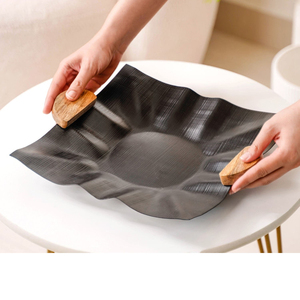 Metal <b>Black</b> Textured Serving Tray Features A Wavy Edge Design With Wooden Handles Creating A Stunning Accent Piece For Home - Product Image 5