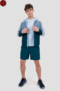 Conjunto Deportivo Cortavientos Color Block para Hombre, Chaqueta Ligera con Capucha y Pantalones Cortos, Ropa Deportiva para Exteriores, Logotipo Personalizado - Product Image 2