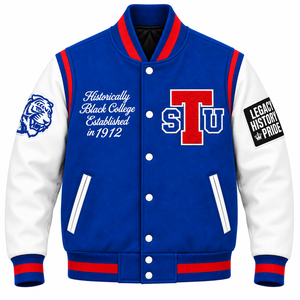 Chaqueta Universitaria Azul y Blanca Personalizada – Chaqueta Letterman Bordada con Chenille - Product Image 1