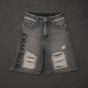 Dirty Grey Double Waist Denim Jorts <b>Men</b> / <b>Mens</b> Oversized Y2K Streetwear <b>Shorts</b> Frayed <b>Patch</b> Details Low MOQ Wholesale - Product Image 1